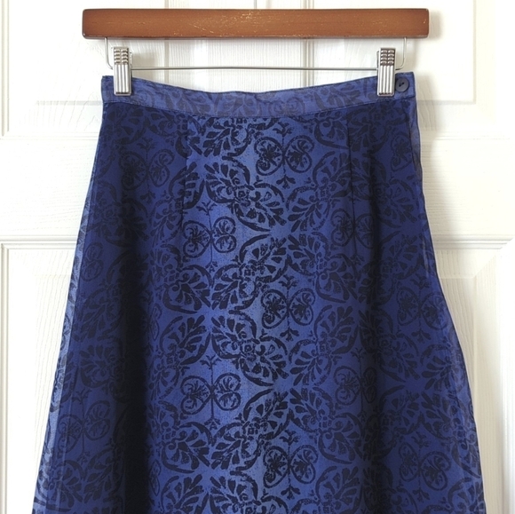 Petite Sophisticate 80's Vintage Motif Chiffon High Waisted Midi Skirt Blue S - Picture 2 of 14